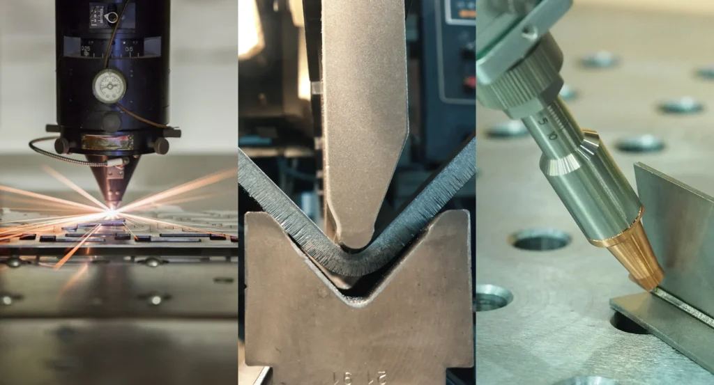 imagem dividida em 3 partes, corte a laser, dobra cnc e solda a laser 